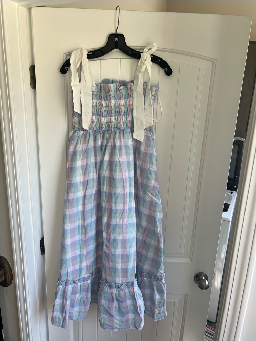 Pastel Plaid Smocked Maxi Dress with Tie Straps